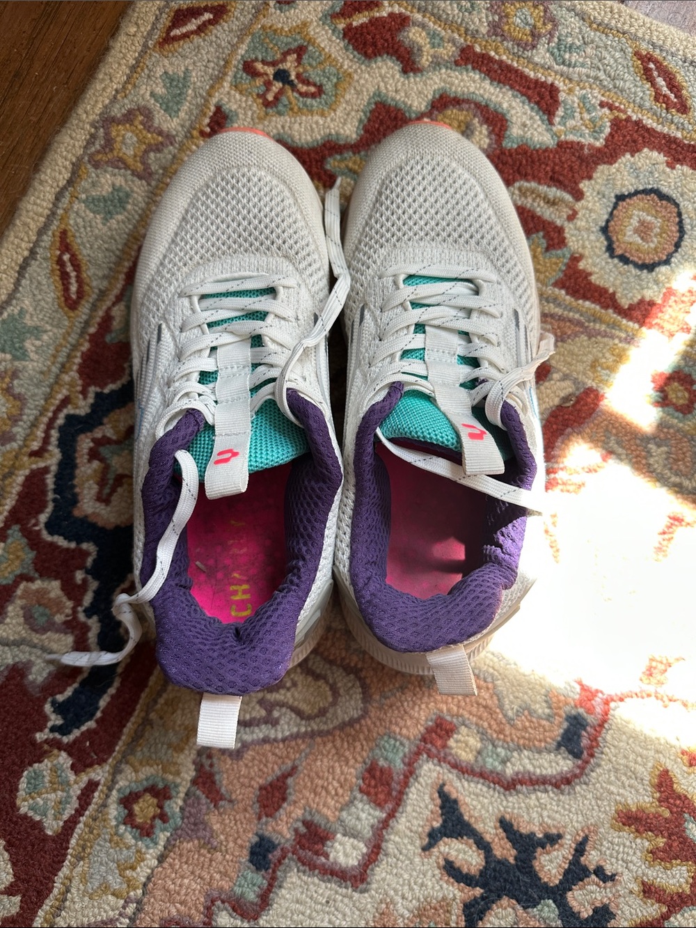Women's White Athletic Lace-Up Sneakers with Purple Collar and Teal Tongue